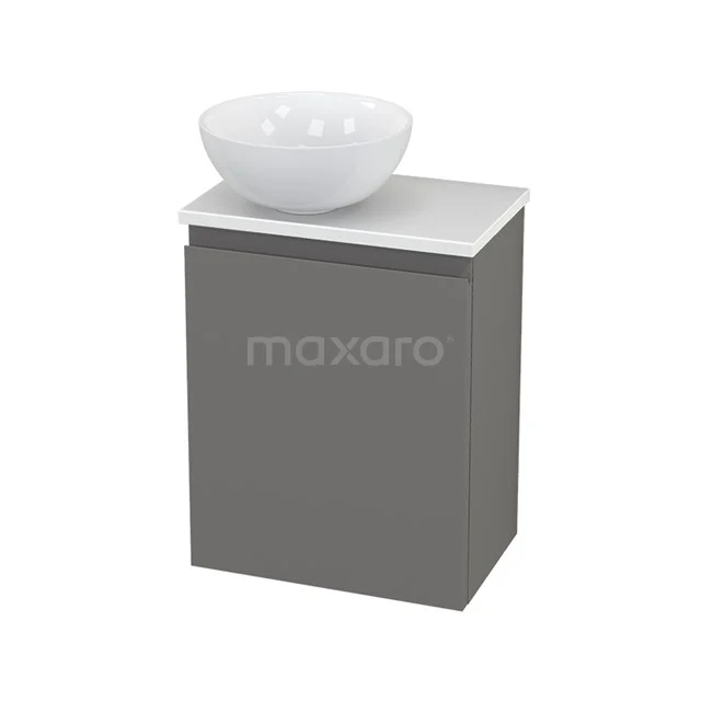 Grey bathroom furniture set with white ceramic bowl and minimalist design, ideal storage for modern bathrooms.