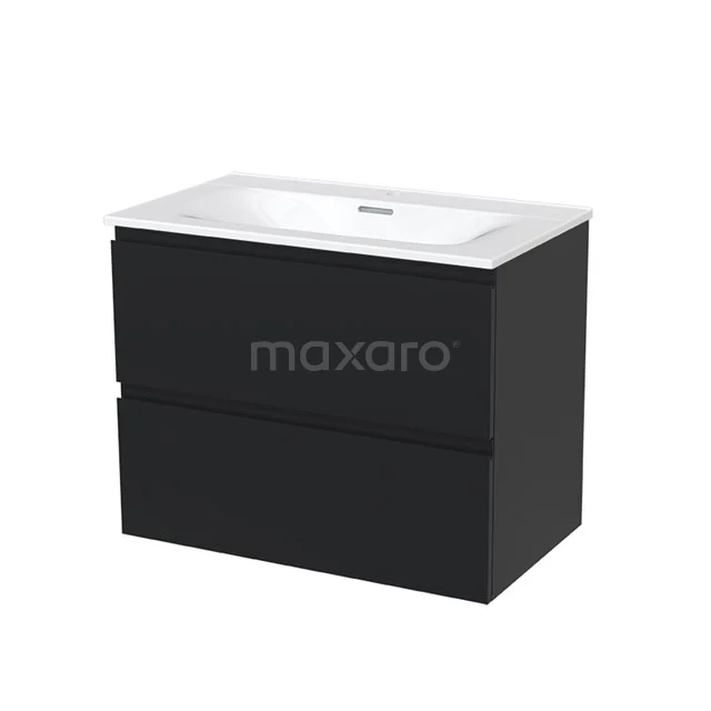 Modulo Vanity units with basin | 80 cm Matte black Handle-less front Ceramic 2 Stacked drawers BMW17-00260 Black vanity unit with two drawers, white ceramic sink, modern design for a stylish bathroom.