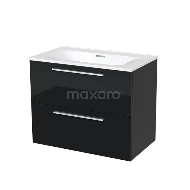 Schwarz glänzendes Badmöbel mit keramischem Waschbecken, zwei geräumigen Schubladen und chromfarbenen Haltegriffen, ideal für moderne Bäder.