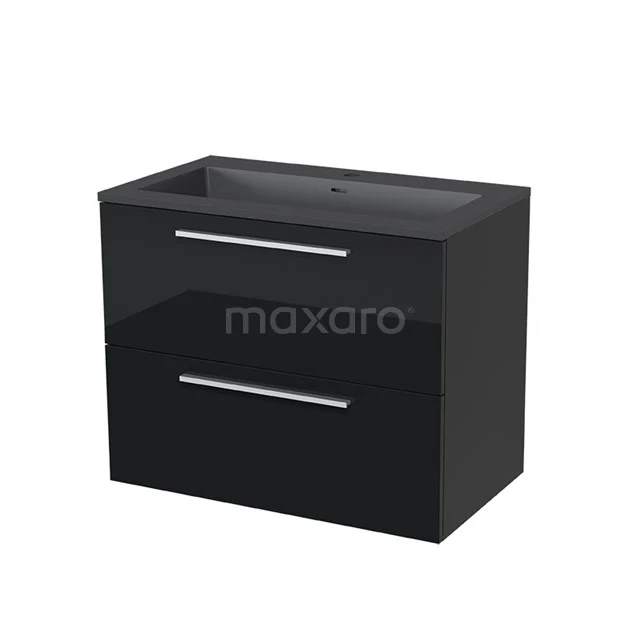 Black glossy bathroom unit with two drawers and integrated vanity units with basin, modern design, ideal for compact bathrooms.