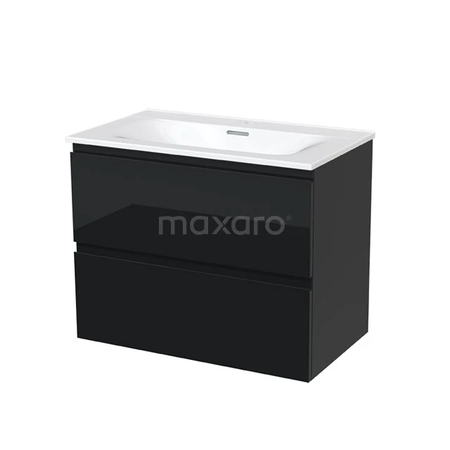 Black bathroom unit with two drawers, white ceramic basin and sleek design, ideal for a modern bathroom design.