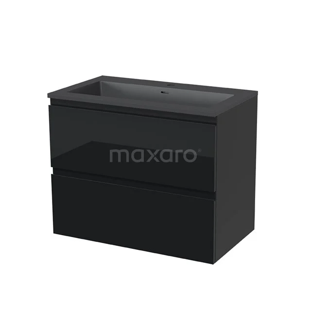 Modulo Vanity units with basin | 80 cm High-gloss black Handle-less front Quartz 2 Stacked drawers BMW17-00339 Black suspended bathroom unit with two drawers, modern design, high-gloss finish and built-in sink.
