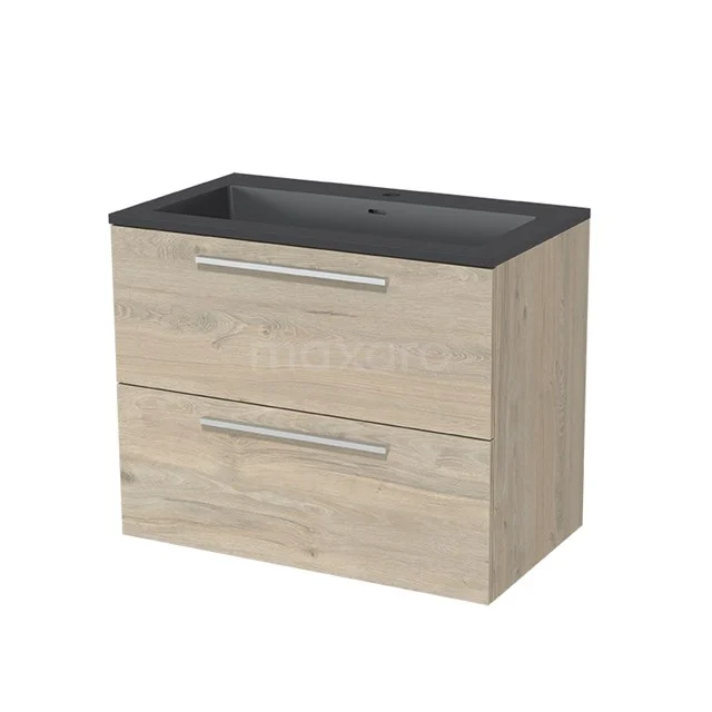 Modulo Bathroom furniture with sink | 80 cm Light grey oak Flat front Quartz 2 Stacked drawers BMW17-00351 Wood-look bathroom unit with two drawers and black top, ideal for a modern bathroom design.