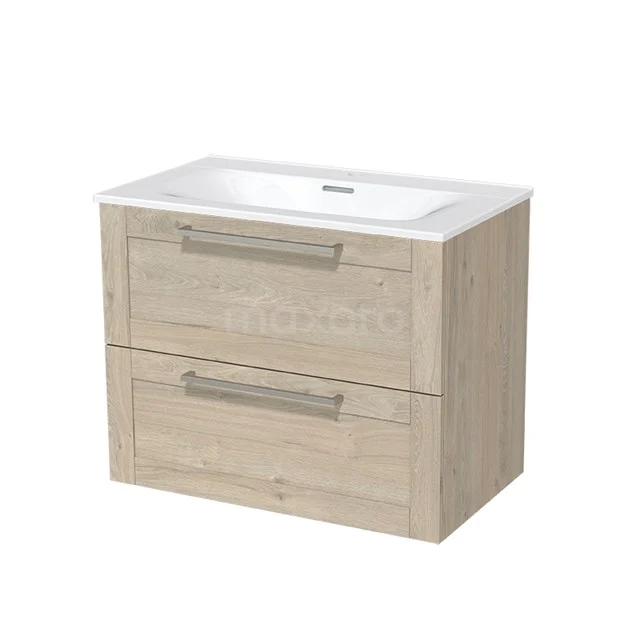 Modulo Bathroom furniture with sink | 80 cm Light grey oak Frame front Ceramic 2 Stacked drawers BMW17-00356 Wooden Bathroom unit with two drawers, natural Oak finish, modern white basin worktop, ideal for a stylish bathroom.