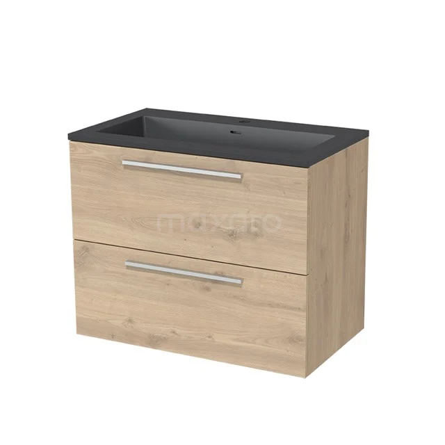Modulo Bathroom furniture with sink | 80 cm Light brown oak Flat front Quartz 2 Stacked drawers BMW17-00375 Wooden bathroom unit with two drawers, oak look, black basin worktop, modern design, ideal for a stylish bathroom.