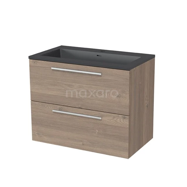 Wooden bathroom unit with two drawers and black sink, modern design, ideal for stylish bathroom decoration.
