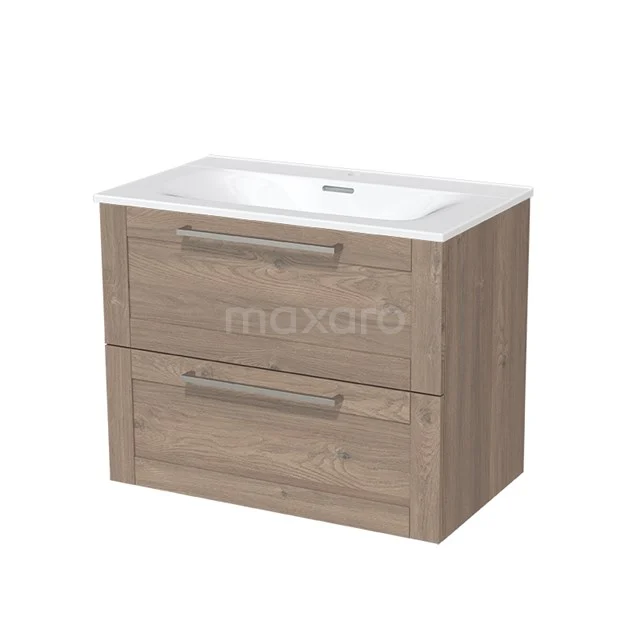 Modulo Bathroom furniture with sink | 80 cm Mid brown oak Frame front Ceramic 2 Stacked drawers BMW17-00404 Bathroom unit wood-look with two spacious drawers, white ceramic basin, ideal for modern bathroom storage.