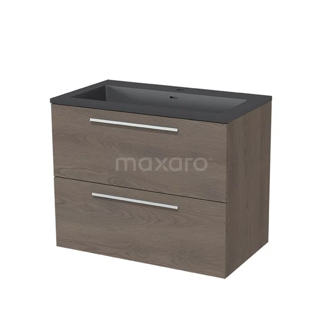 Wooden bathroom unit with two drawers, dark basin and metal handles, ideal for modern bathroom design.