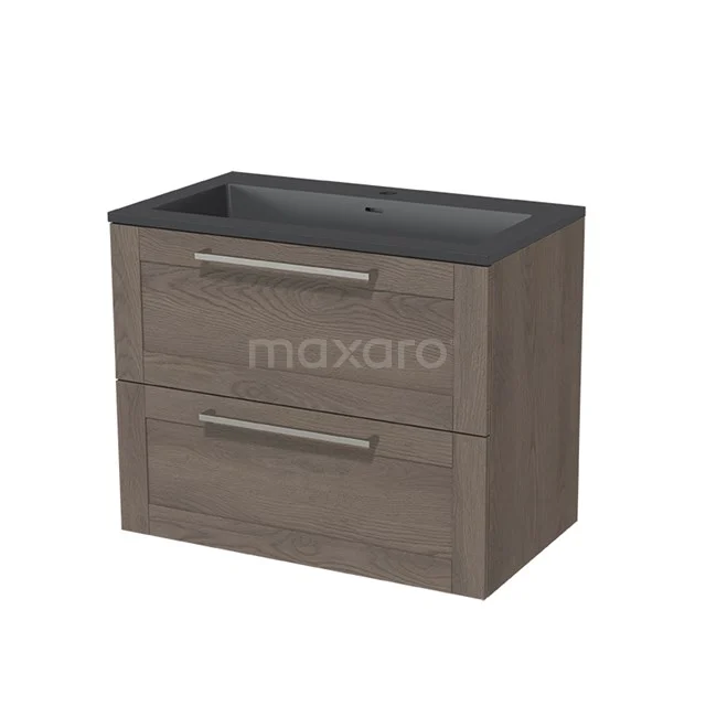 Modulo Waschtische | 80 cm Dunkelbraune Eiche Rahmen front Quarz 2 übereinanderliegende Schubladen BMW17-00435 Holz Badezimmermöbel mit dunklem Waschbecken, 2 Schubladen und metallischen Haltegriffen, modernes Design in Eiche Optik.