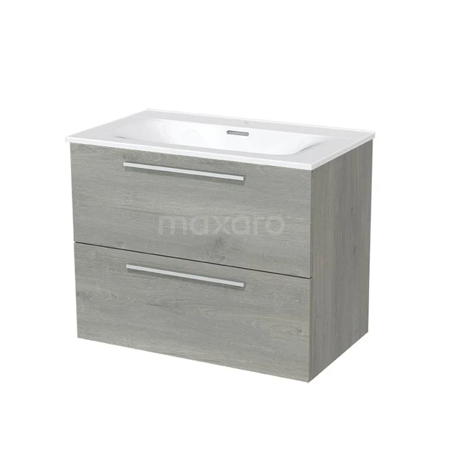 Modulo Vanity units with basin | 80 cm Grey oak Flat front Ceramic 2 Stacked drawers BMW17-00440 Grey wooden bathroom unit with two drawers and white vanity units with basin, modern design for stylish bathroom storage.
