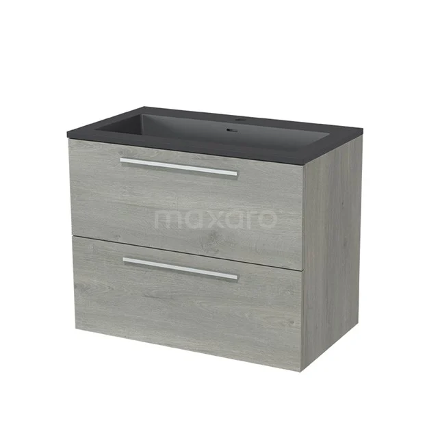 Holz-Badmöbel mit zwei Schubladen, graue Eiche-Optik, schwarze Waschtischplatte und schlichte Metall-Haltegriffe, modernes Design.
