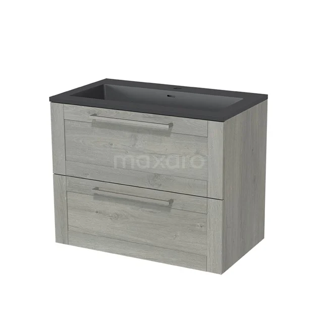 Modulo Vanity units with basin | 80 cm Grey oak Frame front Quartz 2 Stacked drawers BMW17-00459 Wooden Bathroom unit with 2 drawers, grey oak look, black oak Basin worktop, modern design for stylish bathrooms.