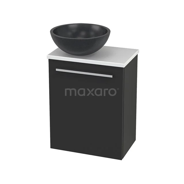 Black bathroom unit with high-gloss finish, white vanity units with basin and black countertop wash basin. Modern design for stylish bathrooms.