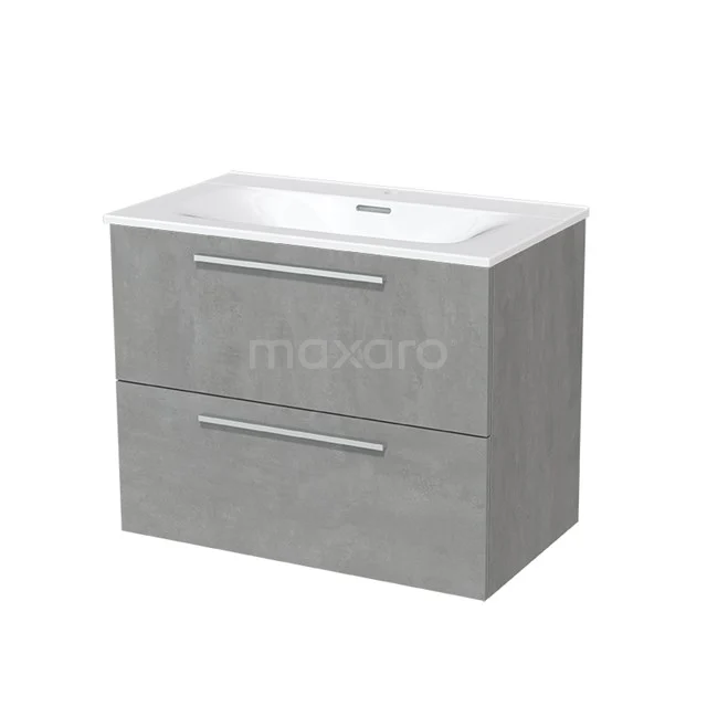 Modulo Vanity units with basin | 80 cm Light grey concrete Flat front Ceramic 2 Stacked drawers BMW17-00464 Grey wooden vanity unit with two drawers and built-in white sink, ideal for a modern bathroom.