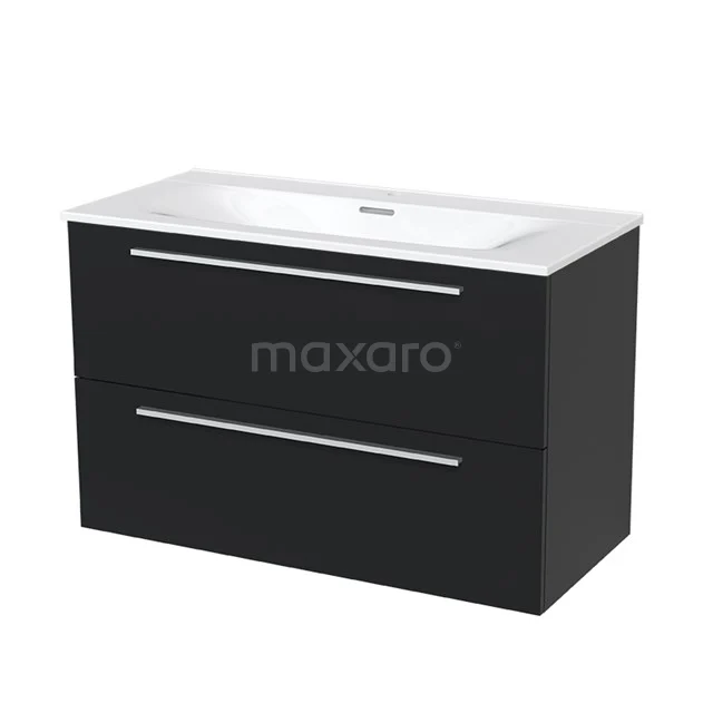 Schwarzes schwebendes Badezimmermöbel mit doppelten Schubladen, schlichten metallischen Haltegriffen und eingebautem weißen Waschbecken, modernes Design.
