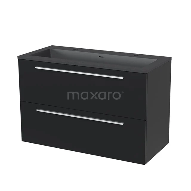 Modulo Vanity units with basin | 100 cm Matte black Flat front Quartz 2 Stacked drawers BMW17-00498 Black bathroom unit with double drawers, plastic material and glossy handles. Modern design for any bathroom.