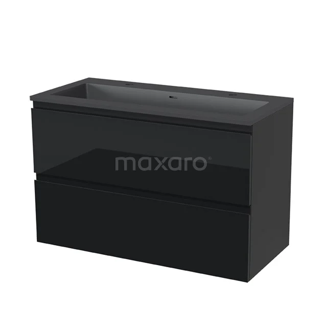 Black bathroom unit with two drawers, glossy finish and integrated vanity units with basin, sleek and modern design.