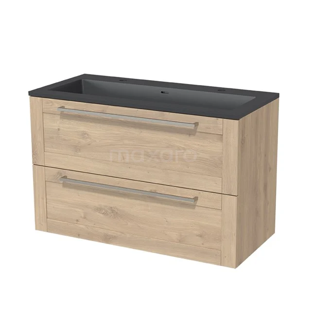 Holz Badezimmermöbel mit zwei Schubladen, heller Eiche Optik und einer mattschwarzen Waschtischplatte, ideal für moderne Bäder.