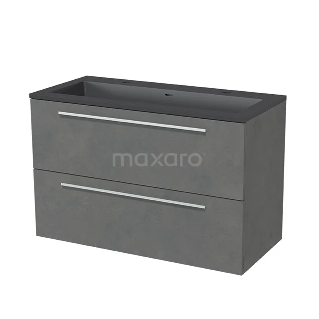 Graue Badmöbelset mit zwei Schubladen, schlankes Design, hergestellt aus hochwertigem Betonlook-Material für moderne Bäder.