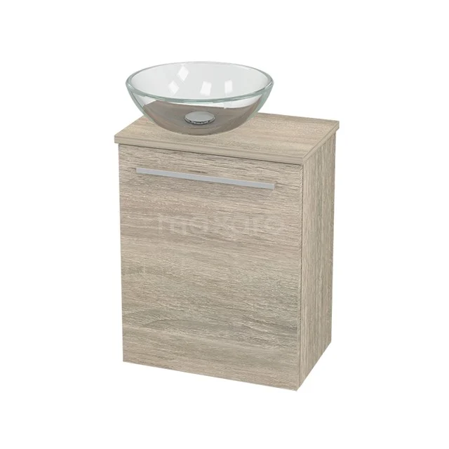 Holz-Badmöbel mit Schublade, einschließlich Glas-Aufsatzwaschbecken; kompaktes Badezimmerdesign in heller Eiche-Optik.