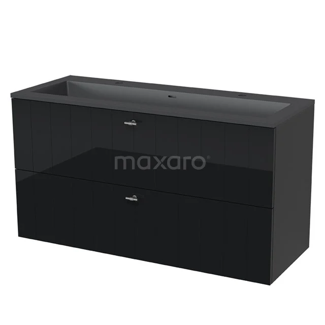 Black rectangular bathroom unit with two drawers, glossy finish and integrated vanity units with basin from the Modern Luxe series.