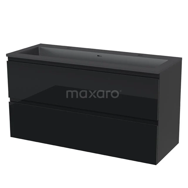 Black rectangular bathroom unit with double drawers, glossy finish and integrated vanity units with basin, modern design.