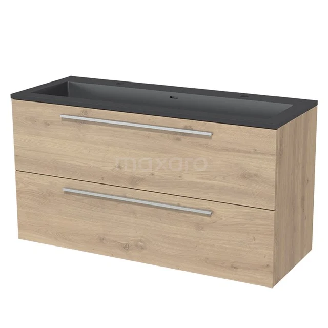 Modulo Vanity units with basin | 120 cm Light brown oak Flat front Quartz 2 Stacked drawers BMW17-00882 Wooden vanity unit with two drawers, black top and metal handles, ideal for a modern bathroom style.