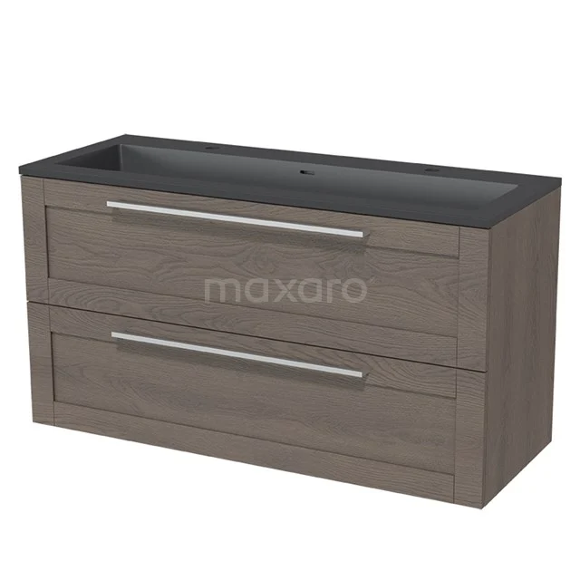 Modulo Bathroom furniture with sink | 120 cm Dark brown oak Frame front Quartz 2 Stacked drawers BMW17-00917 Wooden bathroom unit with two drawers, Dark grey basin worktop, modern design and Stainless steel handles.