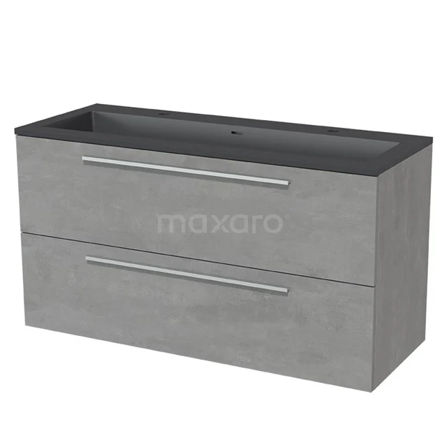 Grey concrete-look bathroom unit with two drawers and black basin worktop, modern design for a stylish bathroom.