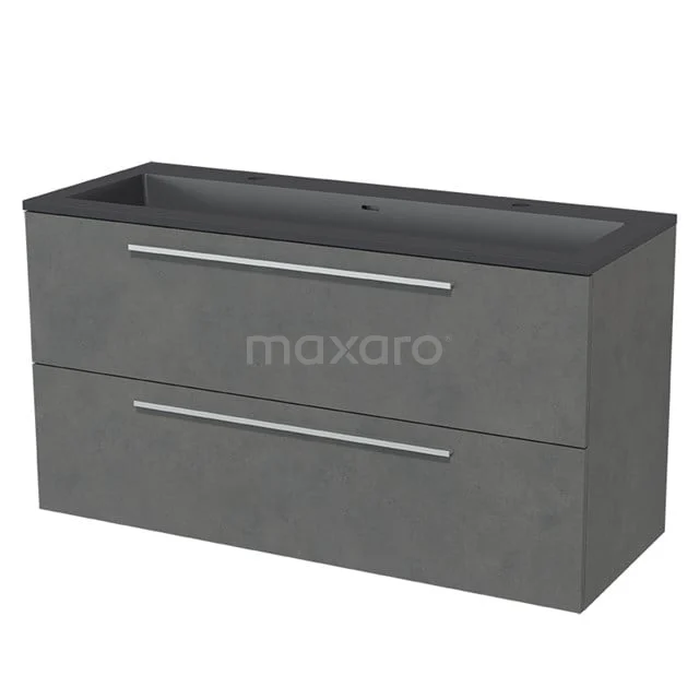 Modulo Bathroom furniture with sink | 120 cm Dark grey concrete Flat front Quartz 2 Stacked drawers BMW17-00945 Grey bathroom furniture set with double drawers, sleek design and concrete look; ideal for a modern bathroom.