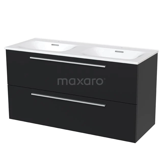 Modulo Bathroom furniture with sink | 120 cm Matte black Flat front Ceramic 2 Stacked drawers BMW17-00950 Black chrome double bathroom unit with two drawers, chrome handles and white vanity units with basin made of ceramic.
