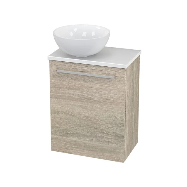 Holz Badezimmermöbel mit Eiche-Look und weißem Aufsatzwaschbecken, kompaktes modernes Design für stilvolle und praktische Badezimmergestaltung.