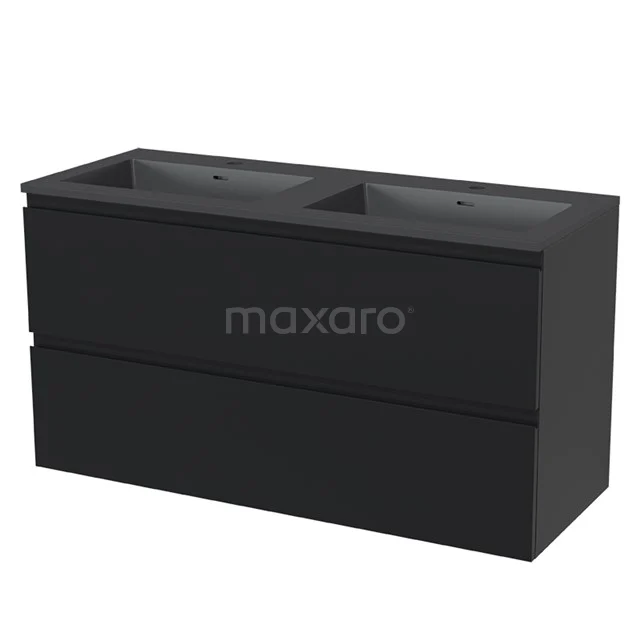 Modulo Bathroom furniture with sink | 120 cm Matte black Handle-less front Quartz 2 Stacked drawers BMW17-00981 Black double basin with matte finish, modern design and two drawers, ideal for stylish bathroom decor.