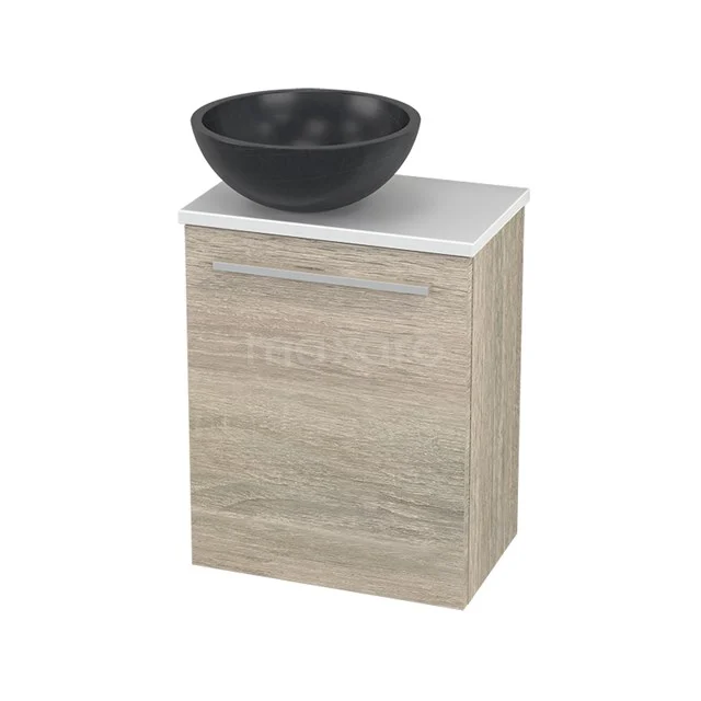 Wooden bathroom unit with black ceramic countertop wash basin, compact design, ideal for modern bathroom design.