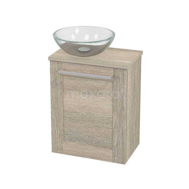 Holz Badmöbel mit Aufsatzwaschbecken, Eichenoptik, kompaktes Design, ideal für eine moderne und platzsparende Badezimmergestaltung.