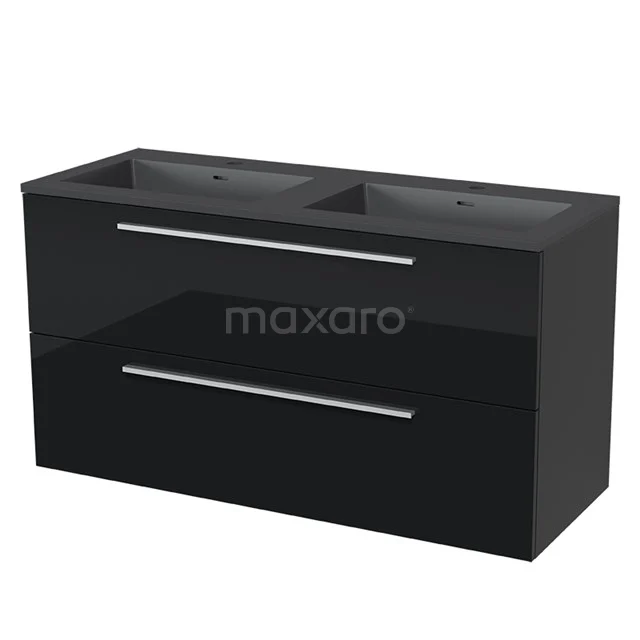 Black gloss double vanity unit with clean lines and chrome handles, perfect for a modern bathroom style.