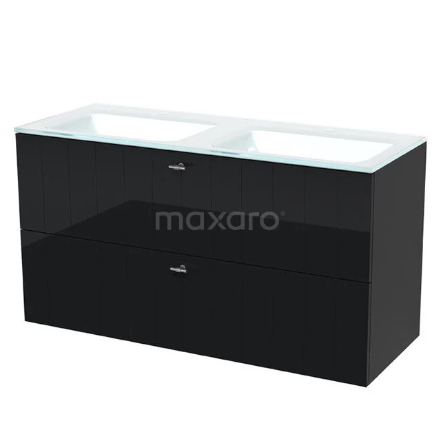 Modulo Bathroom furniture with sink | 120 cm High-gloss black Slat front Glass 2 Stacked drawers BMW17-01036 Black high-gloss bathroom unit with double basin and two drawers, sleek modern design made of durable materials.