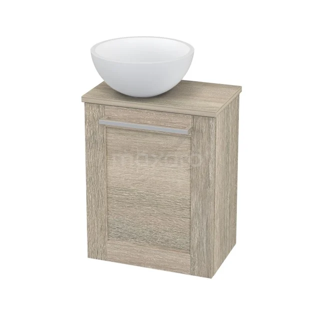 Holz Badezimmermöbel mit weißem Aufsatzbecken, kompaktes Design, ideal für kleine Bäder. Eichenlook, stilvoll und praktisch.