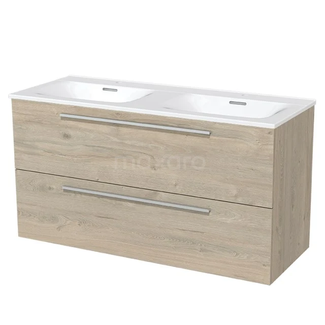 Wooden vanity units with basin, modern design, light oak finish, two wide drawers with metal handles.