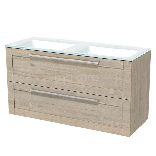 Wooden vanity units with double basin, light oak, modern design with two spacious drawers and sleek metal handles.