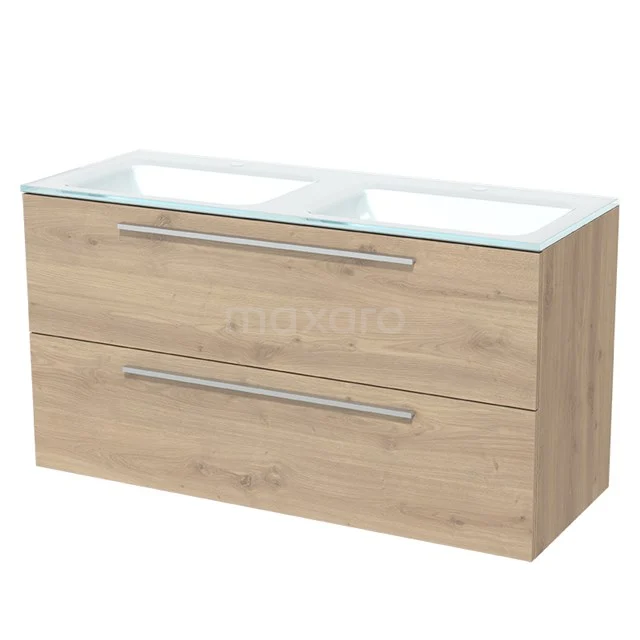Modulo Bathroom furniture with sink | 120 cm Light brown oak Flat front Glass 2 Stacked drawers BMW17-01084 Wooden vanity units with double basin, light oak colour, two drawers with metal handles, modern design.