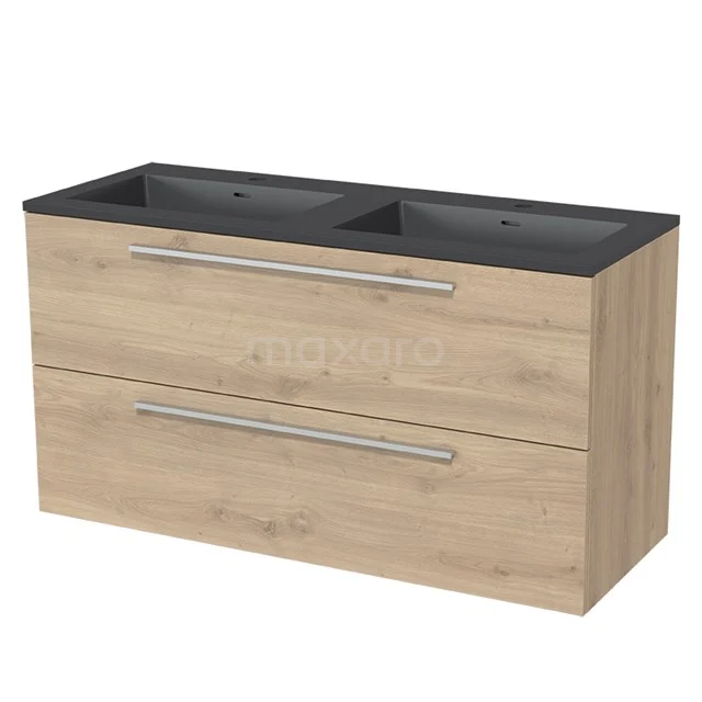 Holz-Badmöbel mit doppeltem Schwarz Waschbecken, schlankem Design und geräumigen Schubladen für organisierten Badezimmerstauraum.