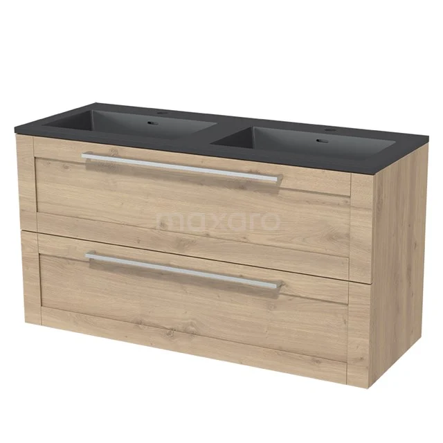 Holz Badezimmermöbel mit Doppelwaschbecken, Eiche Holzlook und anthrazitfarbenen Aufsatzwaschbecken, modernes Design mit metallischen Haltegriffen.