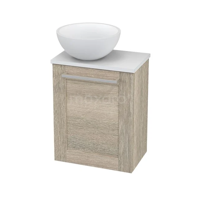 Wooden bathroom unit with white ceramic countertop wash basin, compact design, ideal for modern bathrooms, series Nature Oak.