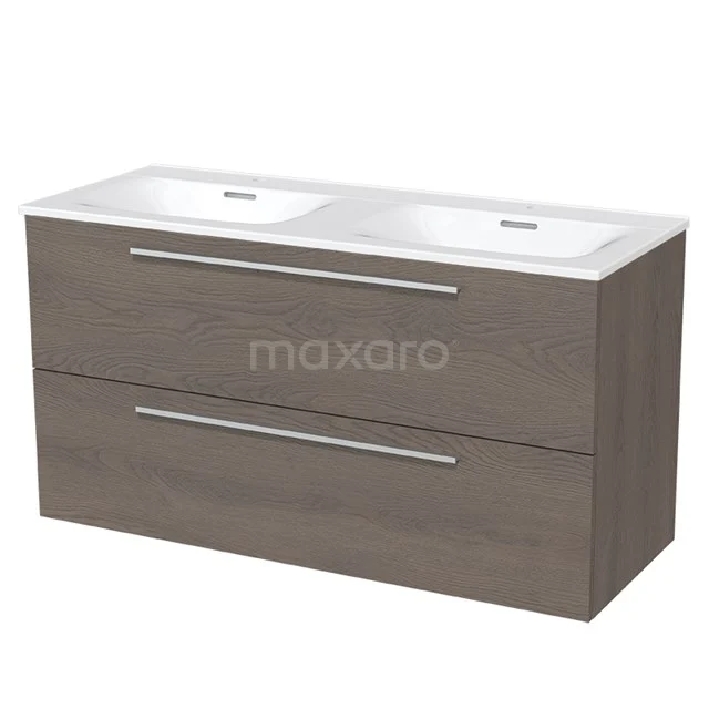 Wooden vanity unit with double basin, modern grey finish and two spacious drawers for practical storage space.