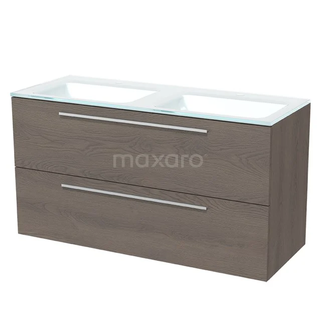 Wooden bathroom unit with two drawers, grey wood look, glass basin worktop and modern handles.