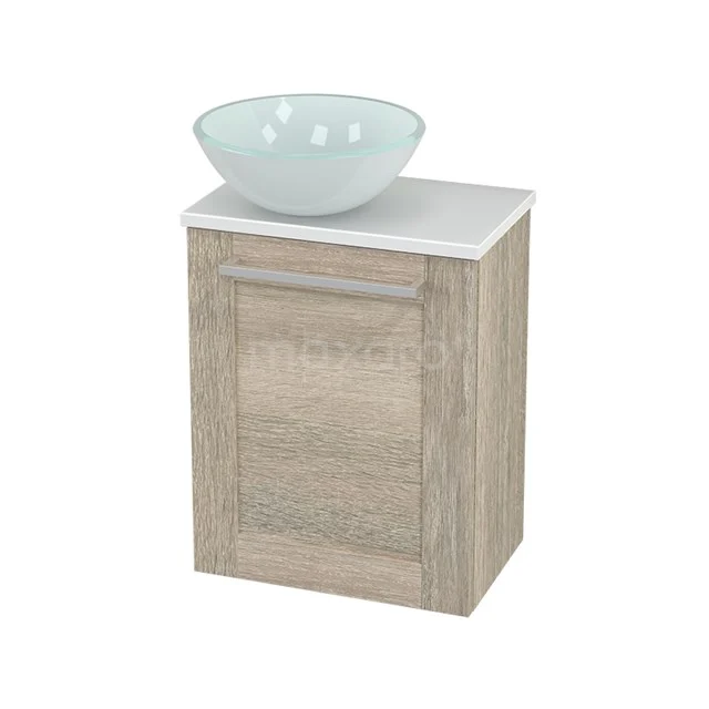 Oak bathroom unit with white countertop wash basin, compact design, ideal for modern bathrooms.