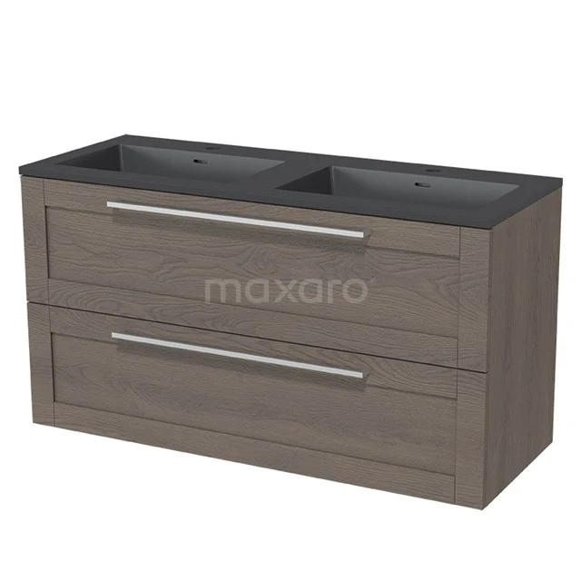 Double basin vanity unit, wood-look with grey basin, sleek design and two drawers, ideal for modern bathrooms.