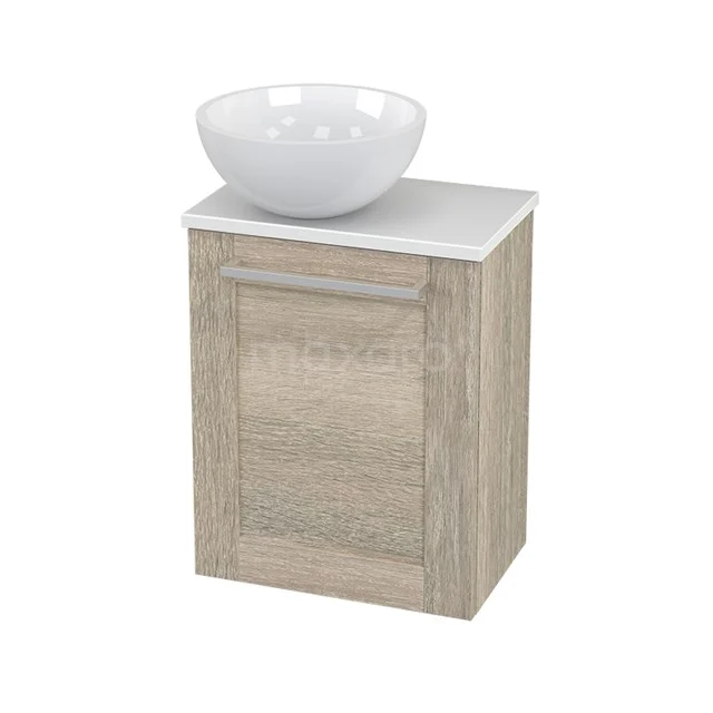 Holz-Badschrank mit weißem Aufsatzwaschbecken, kompaktes Design, ideal für kleine Bäder, ausgestattet mit einer Tür im Holzmaserungsmuster.