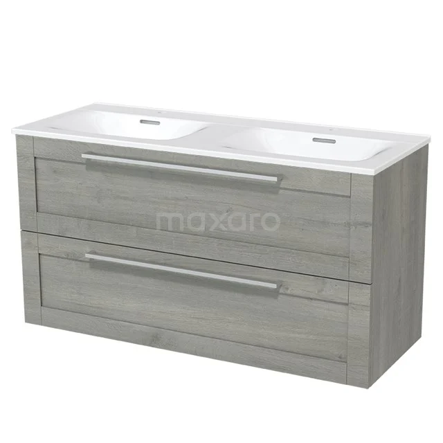 Modulo Bathroom furniture with sink | 120 cm Grey oak Frame front Ceramic 2 Stacked drawers BMW17-01166 Wooden bathroom unit with double basin and grey finish, featuring two wide drawers and modern handles.